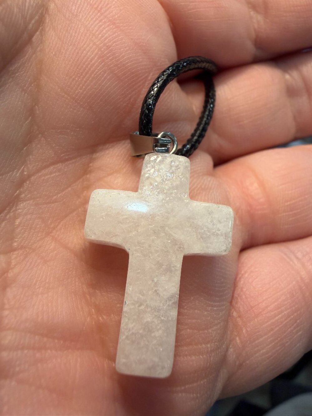 🌲 Natural Stone Cross Pendant Necklace: Polished Ice Mountain Crystal & Cord